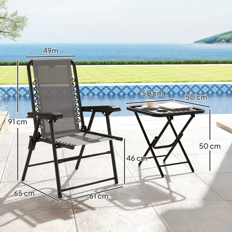 Outsunny Conjunto de Mesa e Cadeiras de Jardim Móveis de Exterior Dobrável com Estrutura de Aço e Suporte para Copos Cinza Escuro