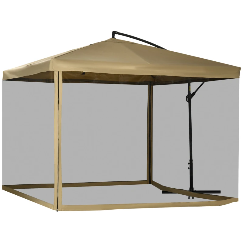 Outsunny Sombrilla de Jardín Excéntrica 296x296x265 cm con Manivela Mosquitera y Base Cruzada para Terraza Patio Color Beige