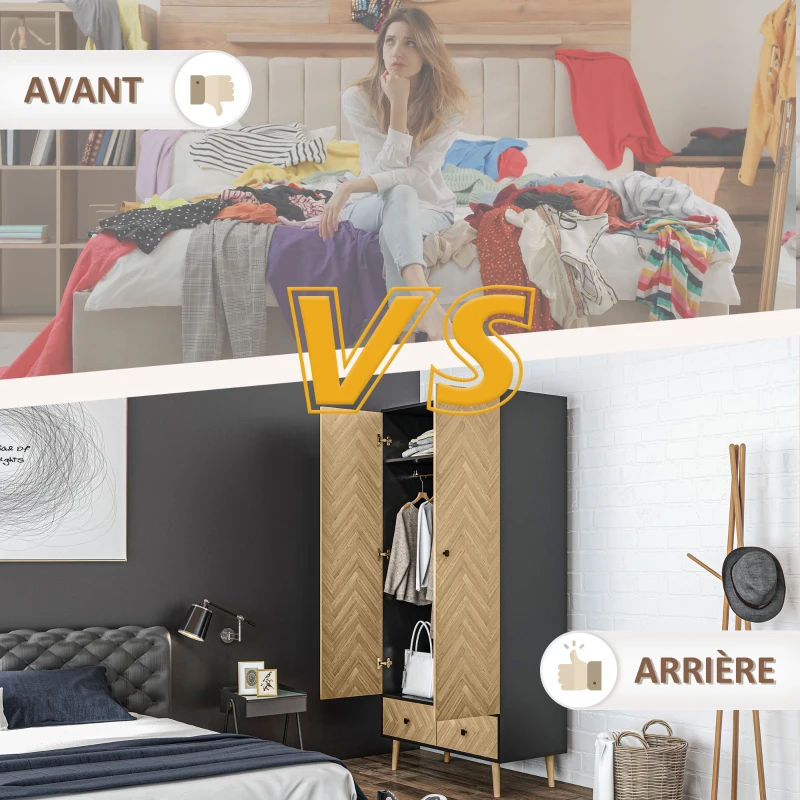 HOMCOM Armoire à 2 portes, armoire de chambre, avec étagères, tringles et 2 tiroirs, en bois, 90l x 50P x 190H cm, gris foncé