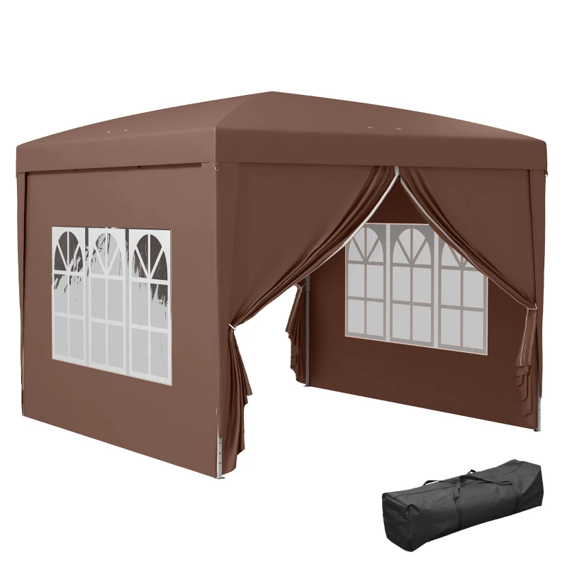 Outsunny Pavillon 3 x 3 m avec 4 parois latérales, fenêtre, tente de fête avec protection UV, pavillon de jardin avec sac de transport, en acier, Café