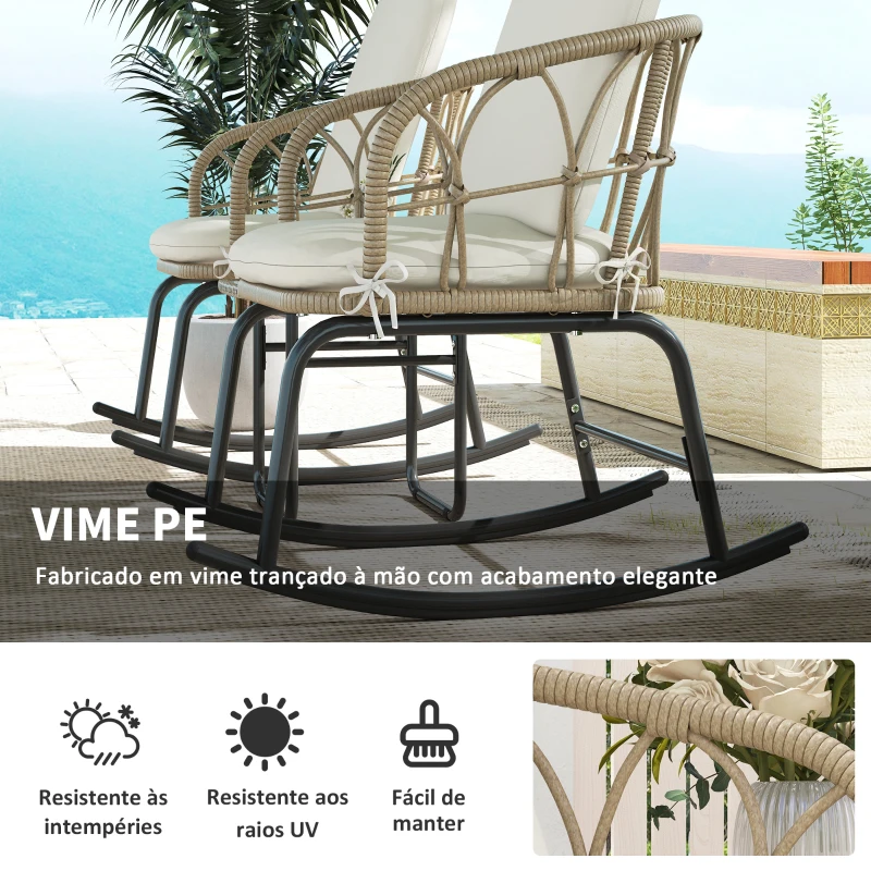 Outsunny Conjunto de Móveis de Vime de 3 Peças Conjunto de 2 Cadeiras de Baloiço 1 Mesa de Centro e Almofadas Creme e Bege