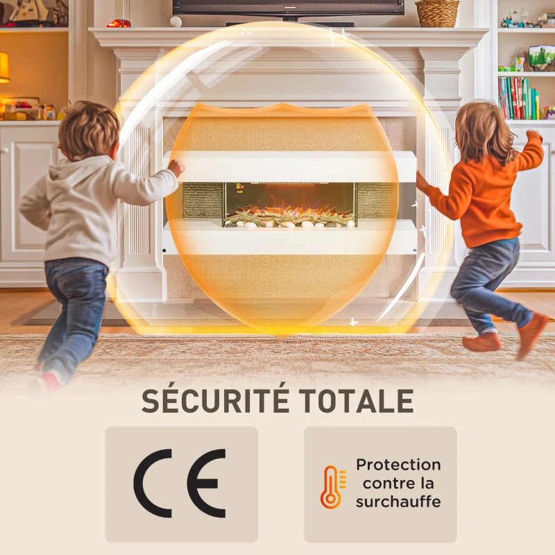 HOMCOM Cheminée électrique 120 cm murale, cadre en verre, effet de flamme LED réglable, télécommande, 2000W