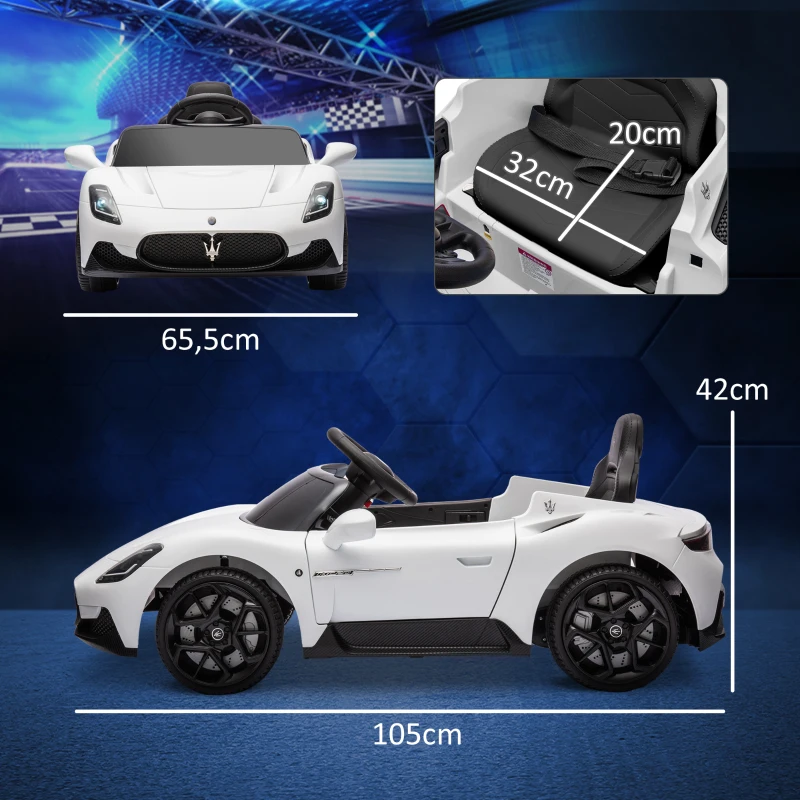 AIYAPLAY Elektroauto für Kinder Maserati MC20 12V Lizenzfahrzeug, Fernbedienung, LED, Musik und Hupe, 3-6 Jahre, Weiß