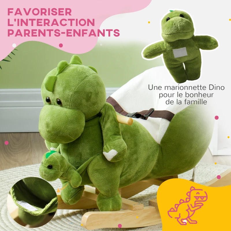 AIYAPLAY Dinosaure à bascule cheval à bascule enfants 18-36 mois avec marionnette à main ceinture de sécurité et 32 chansons