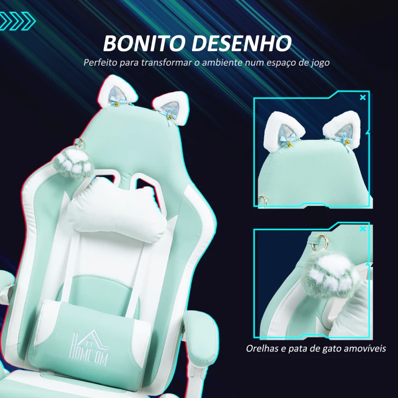 HOMCOM Cadeira Gaming com Orelhas Cadeira Gamer Reclinável com Altura Ajustável e Suporte Lombar 65x62x116-124 cm Azul Claro