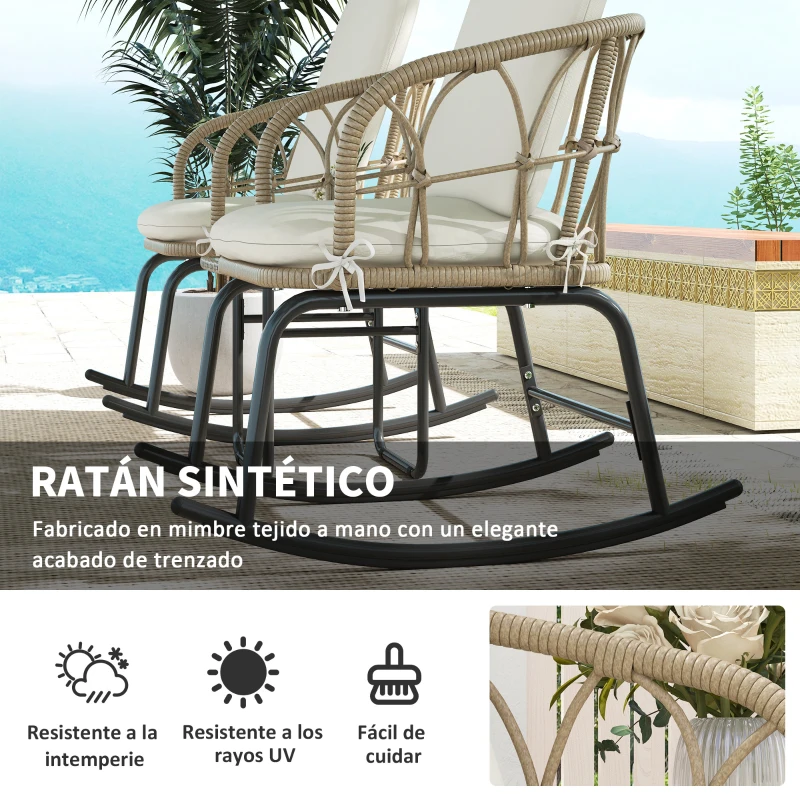 Outsunny Conjunto de Muebles de Ratán de 3 Piezas con 1 Mesa de Centro 2 Mecedoras y Cojines para Jardín Crema y Beige