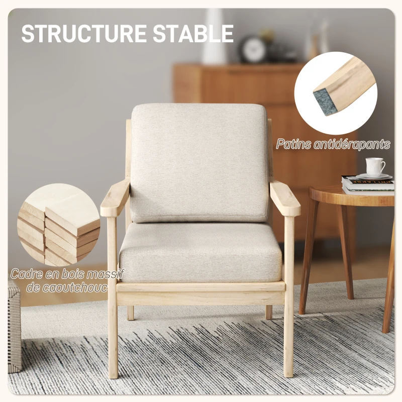 HOMCOM Fauteuil design minimaliste structure bois, 2 coussins amovibles recouvert de tissu effet lin, accoudoirs, beige