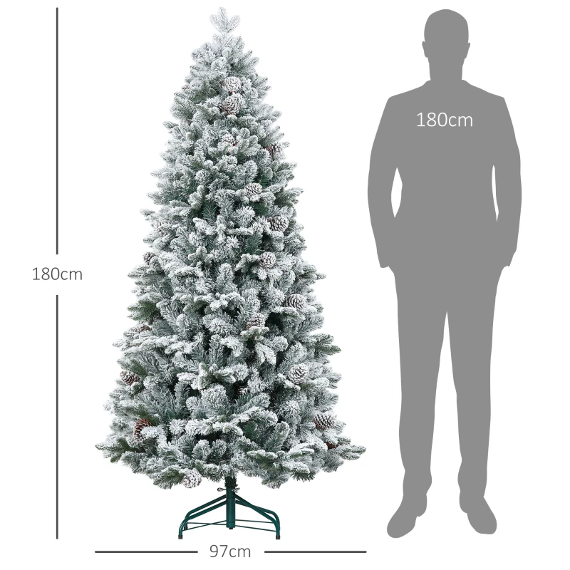HOMCOM Sapin de Noël artificiel 180 cm Arbre de Noël avec support en métal 1489 branches enneigées, pommes de pin, vert
