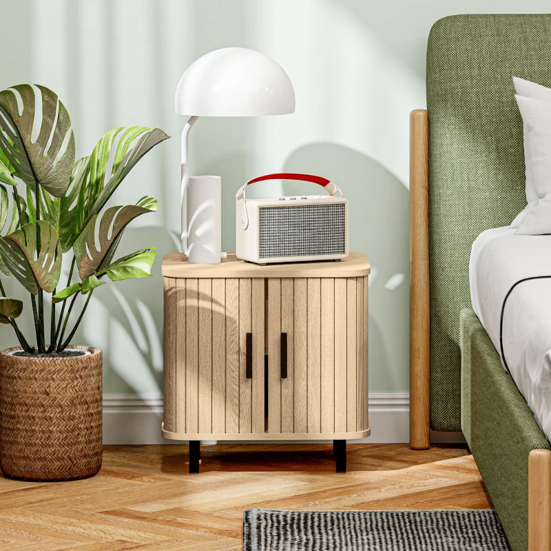 HOMCOM Nachttisch, Beistelltisch, skandinavischer Stil mit 2 Schiebetüren und Stahlbeinen 48 x 40 x 48 cm, Holzoptik