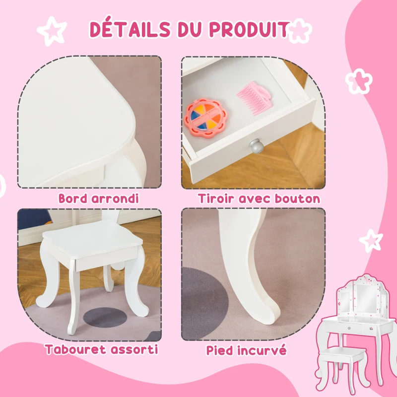 HOMCOM Coiffeuse Enfant avec Tabouret, Miroir triptyque et tiroir Coulissant - Coiffeuse dim. 63L x 40l x 85,5H cm