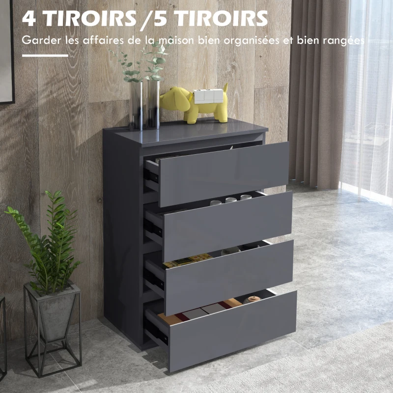 HOMCOM Commode 4 tiroirs sans poignées Moderne en Finition Laquée Grise - Grand Espace de Rangement