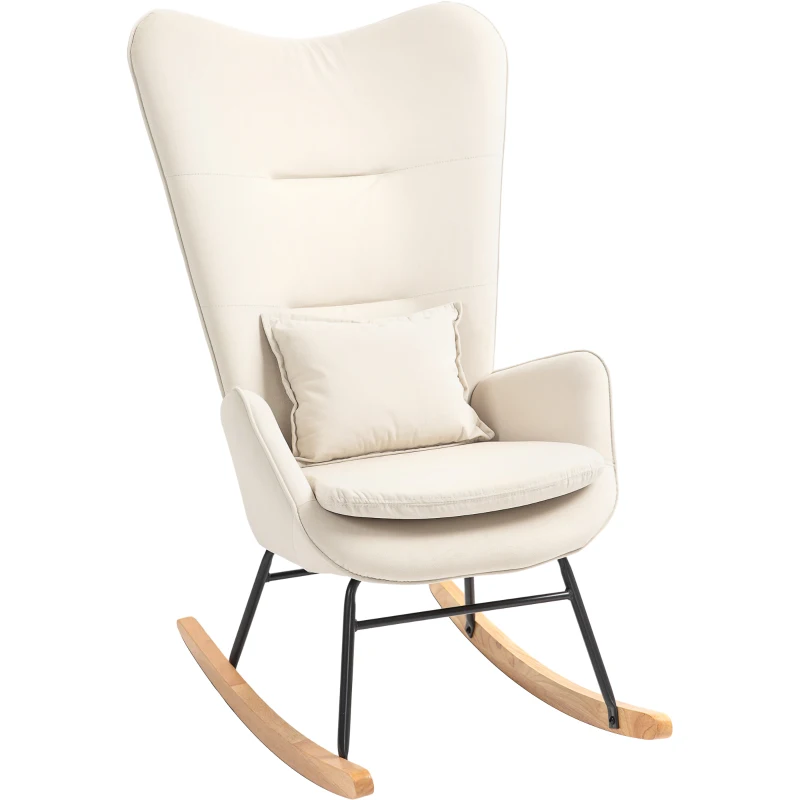HOMCOM Fauteuil à bascule, revêtement doux en velours, avec coussin lombaire, jusqu'à 120 kg, 67 x 85 x 112 cm, Crème