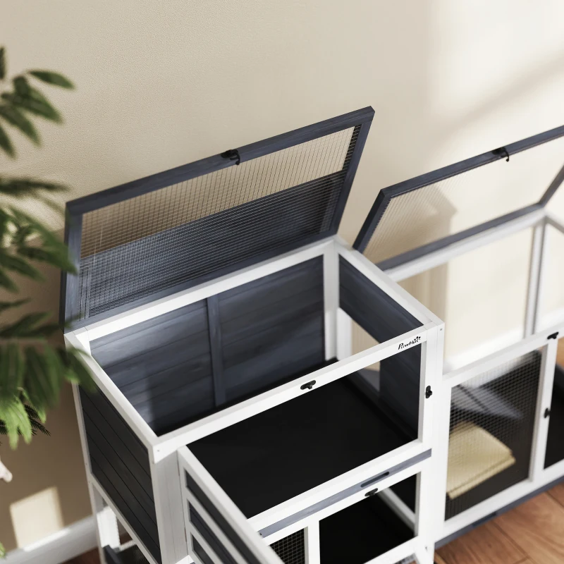 PawHut Conigliera a 2 Livelli con Rampa e 3 Vassoi, in Legno di Abete e Acciaio, 147x45x89.5 cm, Grigio e Bianco