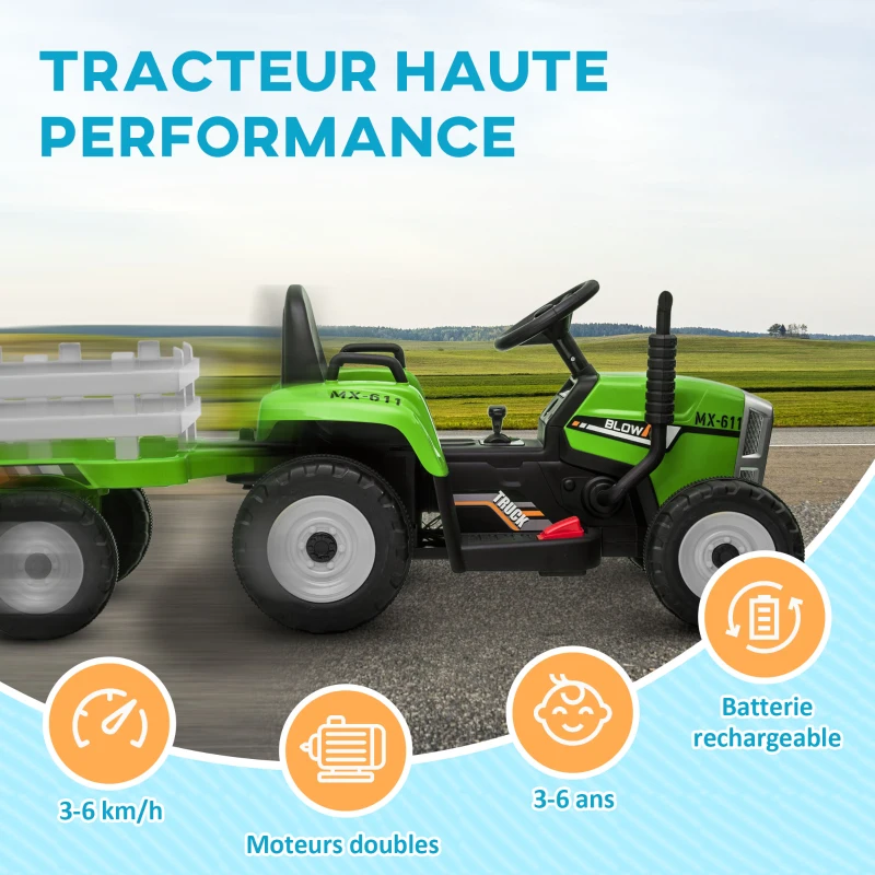 HOMCOM Tracteur électrique avec remorque amovible, pour enfants de 3 à 6 ans avec télécommande MP3 musique affichage lumières