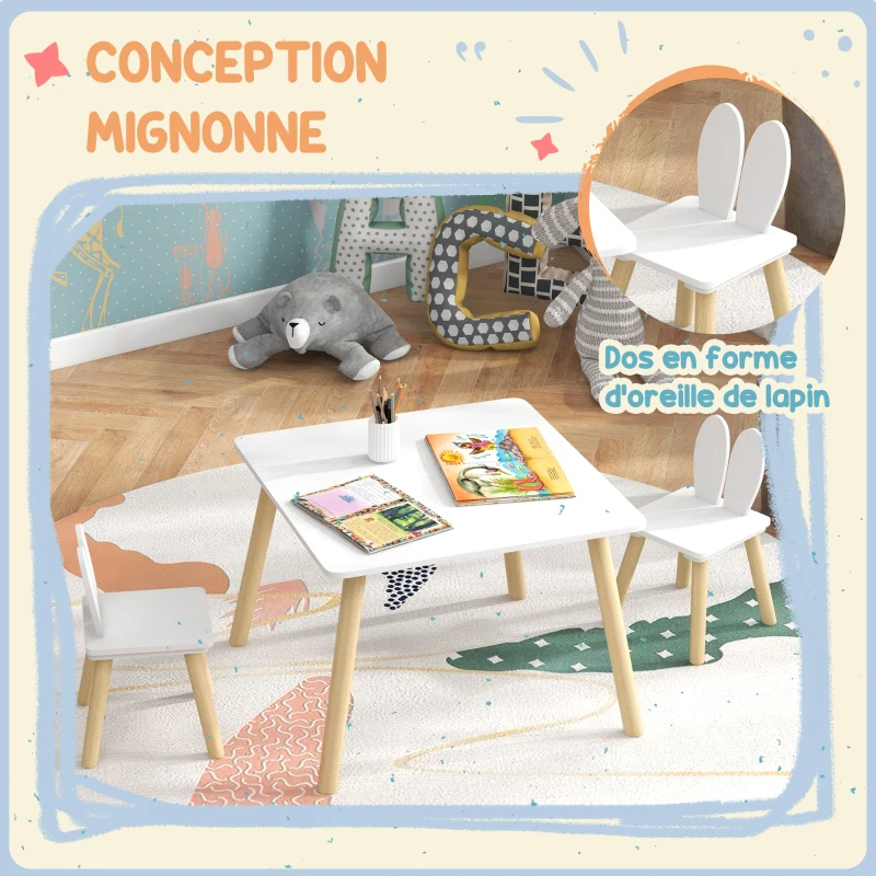 AIYAPLAY Ensemble table et 2 chaises enfant design scandinave motif oreille de lapin bois pin blanc