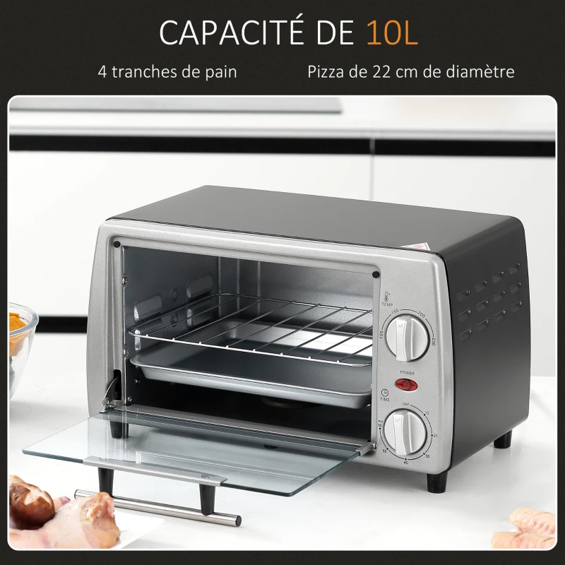 HOMCOM Mini four électrique 10L 1 grille et 1 plateau, température réglable de 100°C à 230°C, Minuteur 60 min, 36,5x26x22 cm