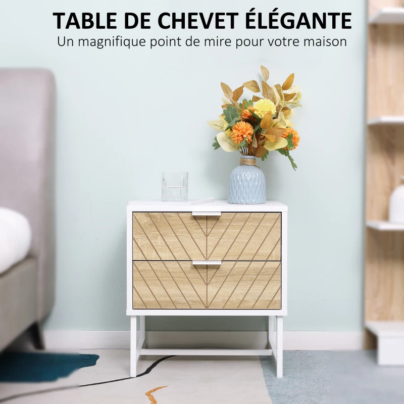 HOMCOM Table de chevet, table d'appoint, avec tiroirs, cadre en acier, pour salon chambre, 45 x 39 x 48 cm, blanc et chêne