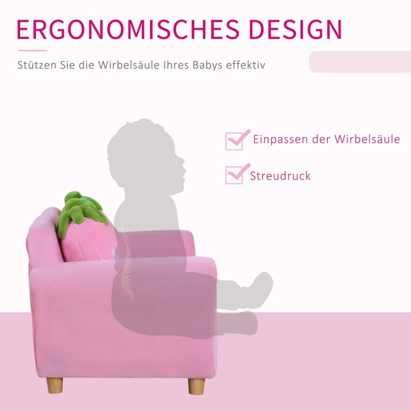 HOMCOM Kindersessel Kindersofa mit Korallenvlies-Optik, massiven Holzfüßen Sessel aus Schaumstoff Kinderstuhl für Kinderzimmer, Spielzimmer, 90 x 53 x 48cm, Rosa