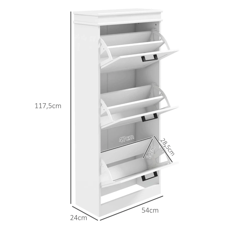 HOMCOM Schuhschrank, 3 Klapptüren 15 Paare, verstellbare Regale, für Eingang, Flur, 54 x 24 x 117,5 cm, weiß