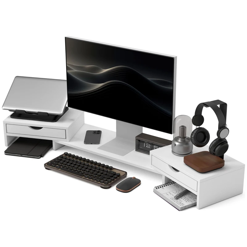 HOMCOM Suporte para Monitor com Ângulo e Comprimento Ajustável e 2 Gavetas para Escritório 60-116x22x12 cm Branco