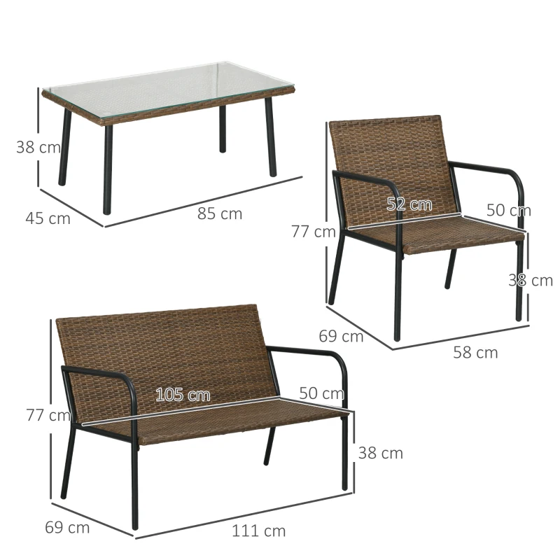 Outsunny Conjunto de Jardín de Ratán Sintético con 2 Sillones 1 Sofá de 2 Plazas y 1 Mesa de Cristal Templado Multicolor