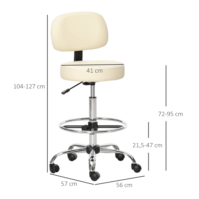 HOMCOM Tabouret de Bar Pivotant Réglable en Hauteur avec Roulettes en Cuir PU Tabouret de Travail Chaise de Bureau 360° Avec Dossier Rembourré Beige 56 x 57 x 104-127 cm