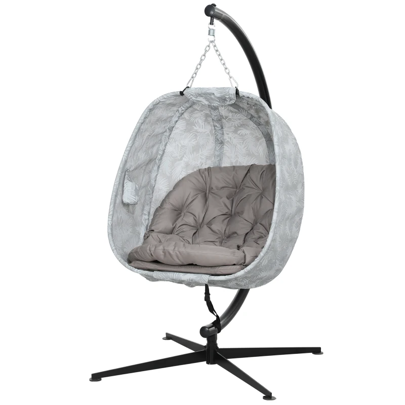 Outsunny Hanging Egg Chair Outdoor Indoor Garden Swing Chair with Folding Basket, Garden Hanging Chair with Stand, Thickened Cushion, Cup Holder for Patio, Balcony, Sand Brown