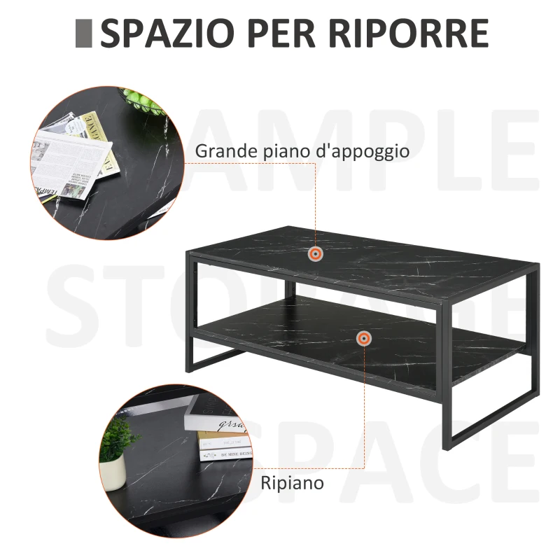 HOMCOM Tavolino da Caffè Nero, Tavolino Effetto Marmo con Ripiano Inferiore, da Soggiorno o Ufficio, Design Moderno, Telaio in Acciaio, 106x50x45cm, Nero