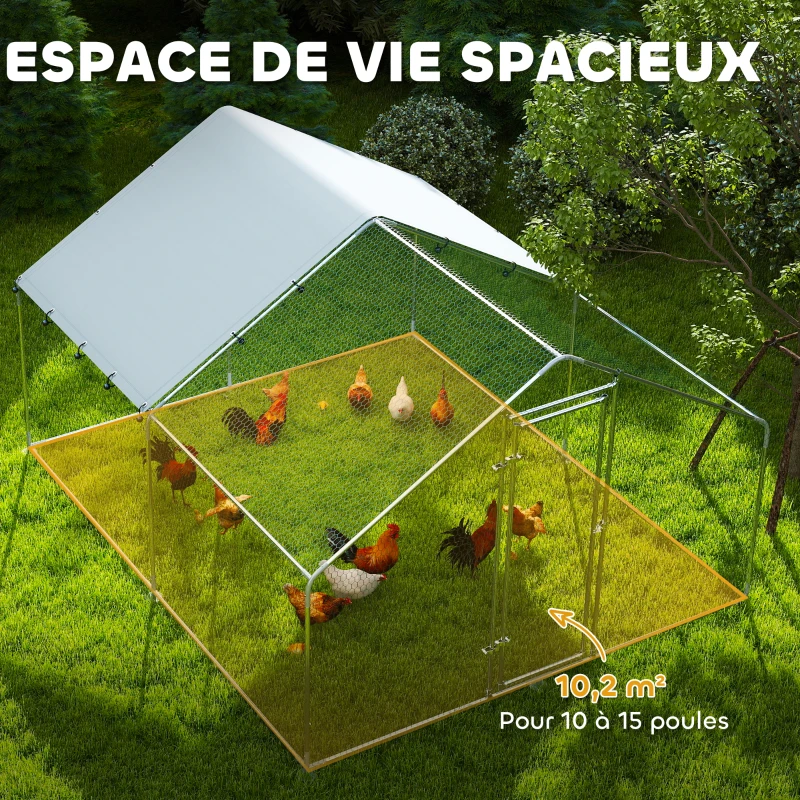PawHut Poulailler, grand poulailler en métal avec couverture imperméable et anti-UV, cage pour 10-15 poules, 3 x 3,4 x 1,9m