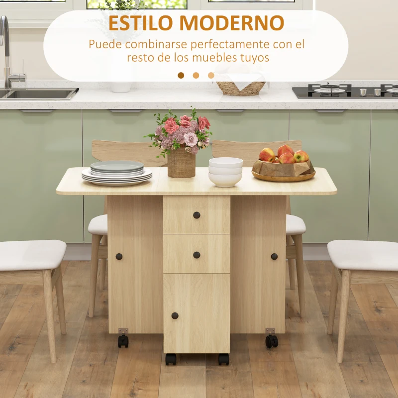 HOMCOM Mesa Plegable con Ruedas y Alas Abatibles Mesa Auxiliar Multifuncional con Almacenaje 120x60x76,5 cm Natural