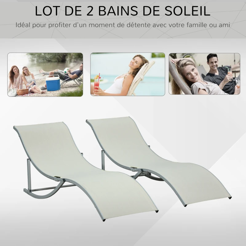 Outsunny Lot de 2 bains de soleil pliables transat jardin extérieur en aluminium et textilène, charge 120 Kg, beige