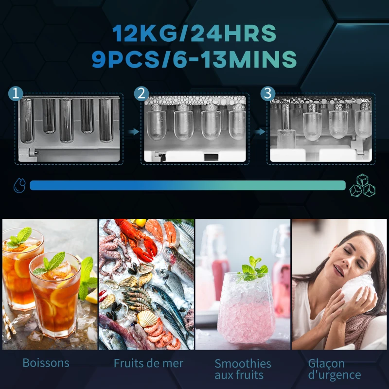 HOMCOM Machine à glaçons autonettoyante 9 glaçons en 6-13 minutes avec panier et pelle, 22.2x29.4x29 cm, noir