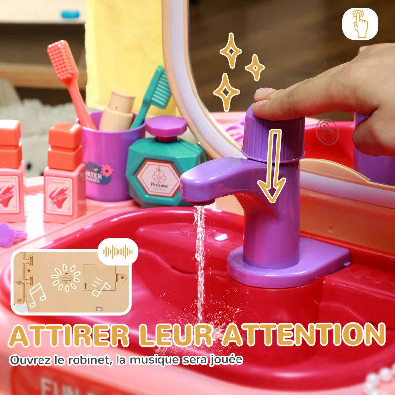 AIYAPLAY Coiffeuse pour enfants 23 PCS, table de maquillage avec miroir, lumière LED et musique, pour enfants de 3 à 6 ans, rose