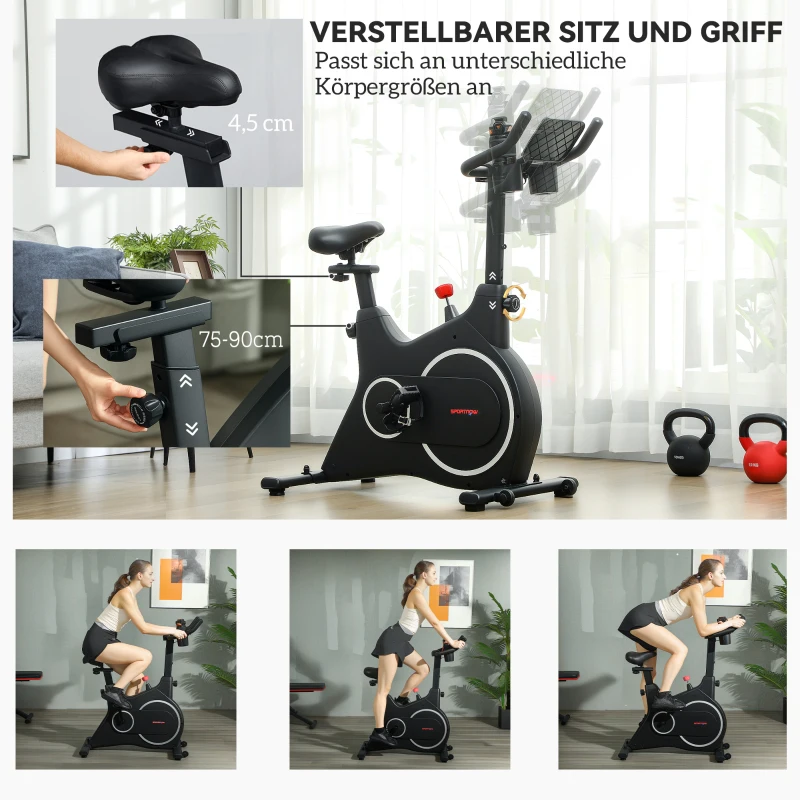 SPORTNOW Heimtrainer Fahrrad, Fitness-Bike mit LCD-Monitor, Tablet-Halter, Flaschenhalter, bequemer Sitz, kompakt, Schwarz