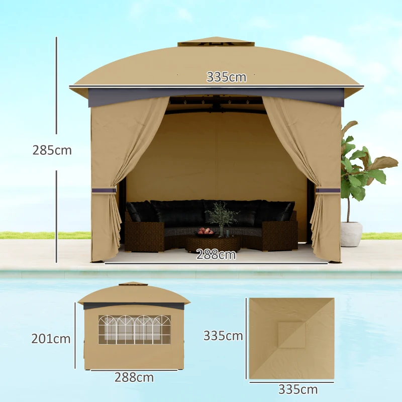 Outsunny Pavillon de jardin 3,4 x 3,4 m, chapiteau avec toit ventilé, fenêtres arquées, structure en acier, Beige