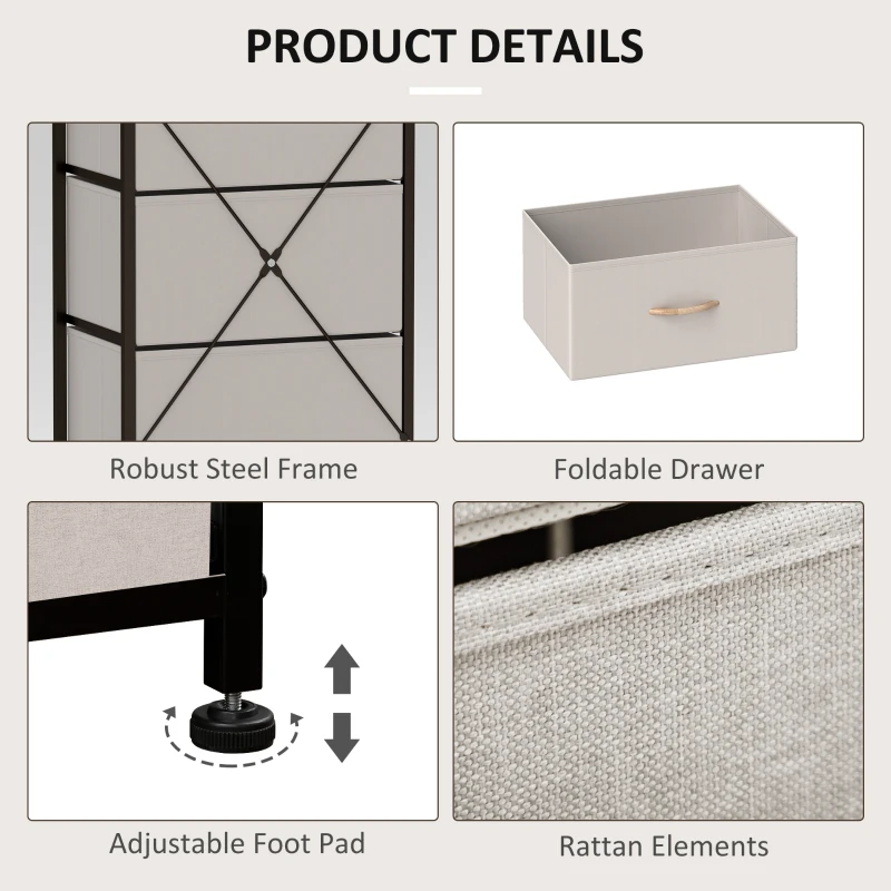 HOMCOM Fabric Chest of Drawers, Industrial Bedroom Dresser with 5 Fabric Drawers, Steel Frame and Wooden Top for Nursery, Living Room, Hallway, Cream White