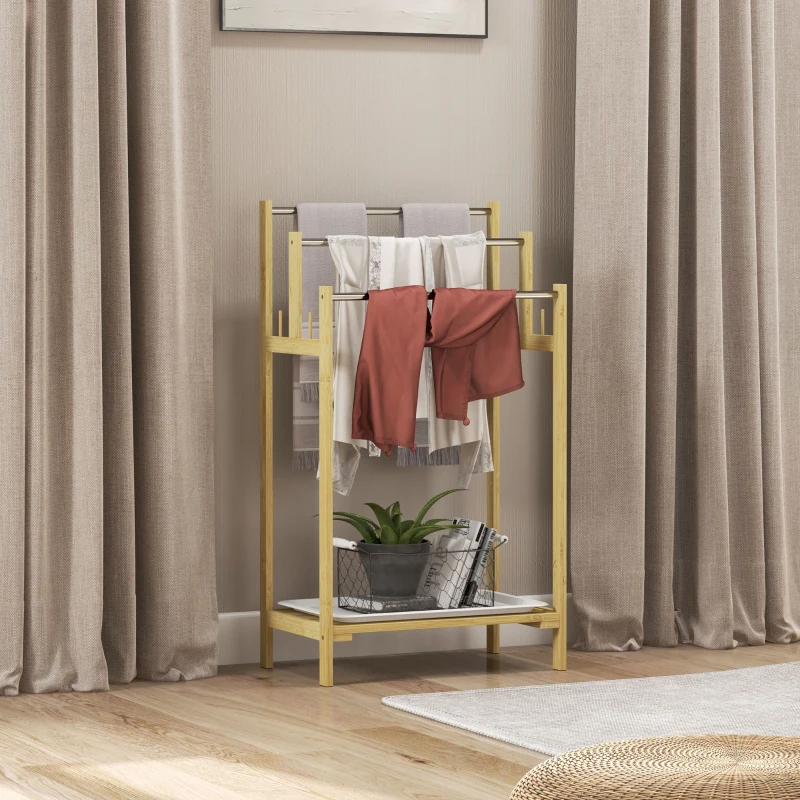 HOMCOM Porte-serviettes en bambou 3 barres avec étagère de rangement, 4 crochets et plateau amovible, 50,5lx31Px90H cm naturel