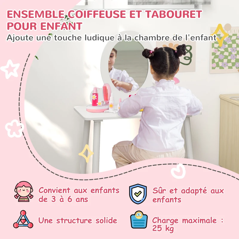 AIYAPLAY Ensemble coiffeuse pour enfants avec tabouret, coiffeuse 2 pièces pour enfants de 3 à 6 ans -  blanc