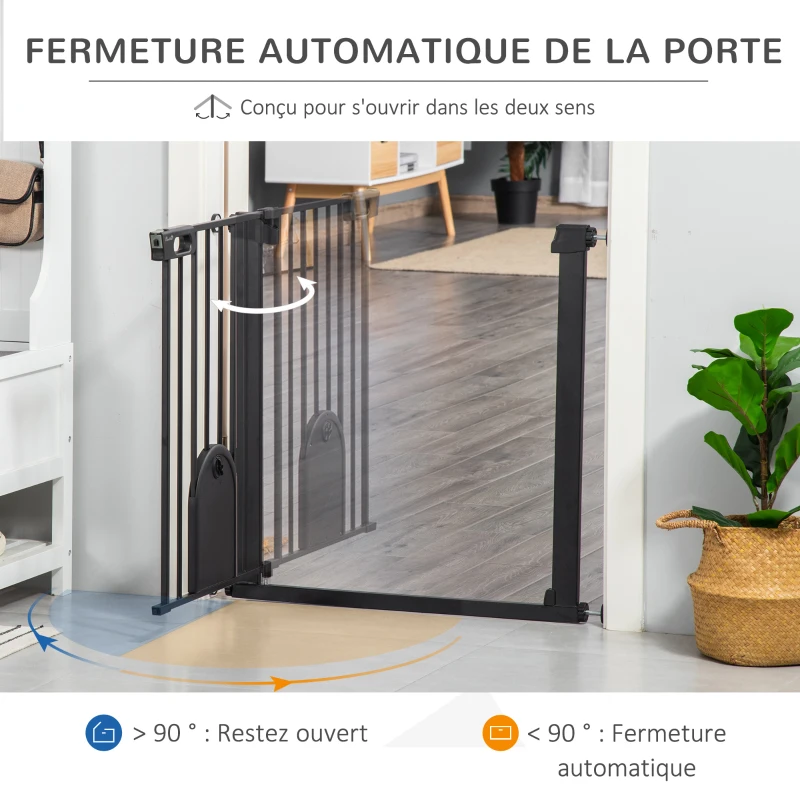 PawHut Barrière de sécurité animaux avec porte fermeture automatique système de double verrouillage, acier noir