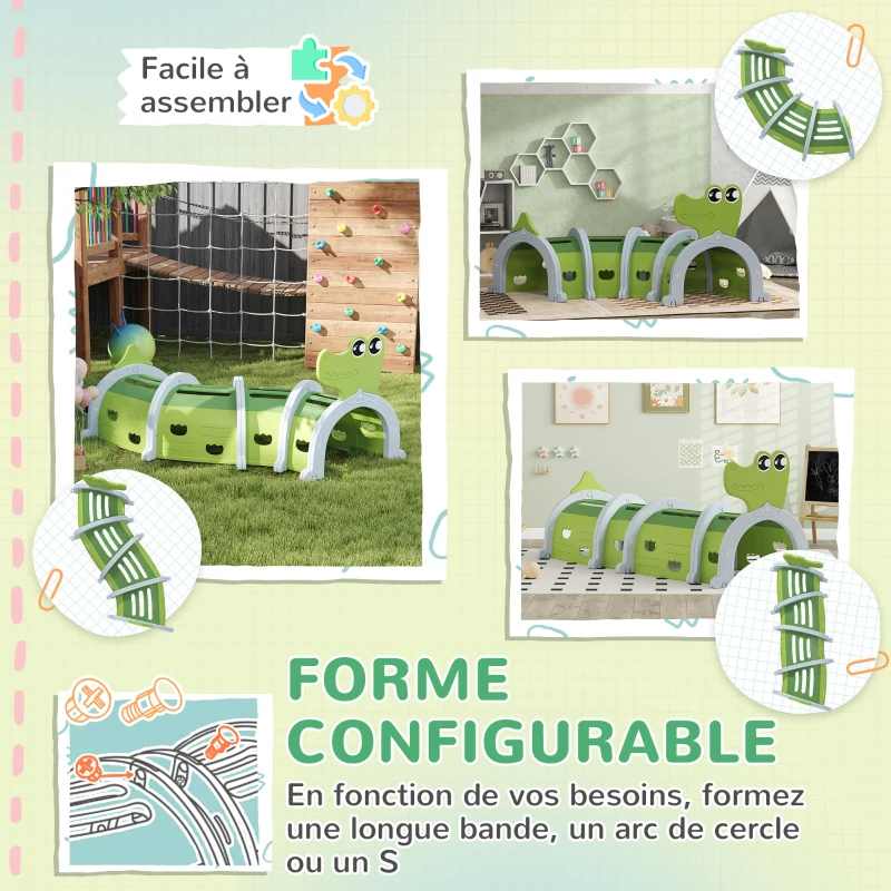 AIYAPLAY Tunnel enfant en forme de crocodile, modulable, tunnel de jeu pour enfants, enfants de 3 à 6 ans ramper et grimper, vert(m-6)