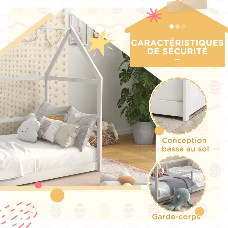 AIYAPLAY Lit cabane enfants 90x190 cm lit enfants lit maison enfant avec protection antichute, sommier à lattes et toit inclus