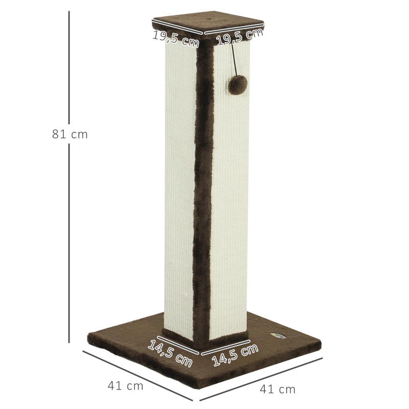 PawHut Poste Arranhador para Gatos Altura 81 cm Arranhador para Gatos com Poste de Sisal e Bola Suspensa 41x41x81 cm Marrom
