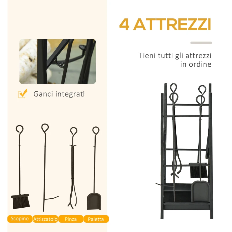 Outsunny Portalegna da Interno ed Esterno in Metallo a 2 Ripiani, Porta Legna per Interni con Supporti Rimovibili, Paletta, Scopa, Attizzatoio e Pinza, 44.5x29.5x73 cm, Nero