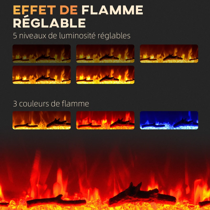 HOMCOM Cheminée électrique 1800 W avec effet flamme en LED 3 couleurs et 5 luminosités, montage mural/encastrable