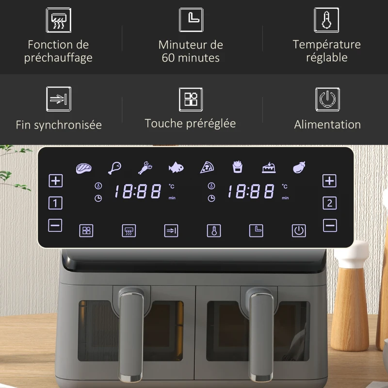 HOMCOM Friteuse à air sans huile Air Fryer double compartiment 8L 2500 W 8 programmes température réglable minuterie gris