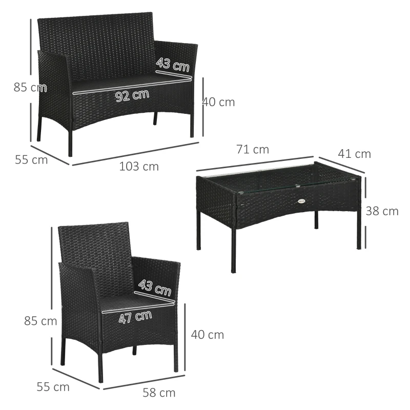 Outsunny Conjunto de Jardín de Ratán Sintético con 2 Sillones 1 Sofá de 2 Plazas 1 Mesa de Centro y Cojines Negro y Crema