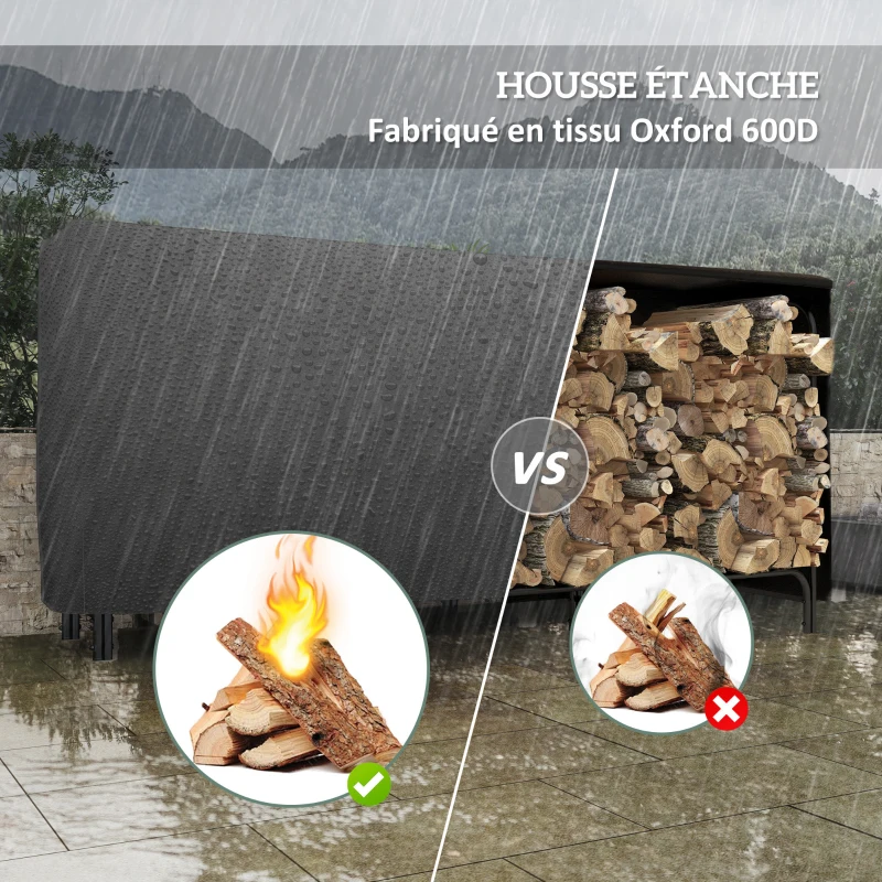 Outsunny Abri bûches, range-bûches, avec sac de transport en toile, housse en Oxford 600D,   240l x 36P x 99H cm, métal, noir