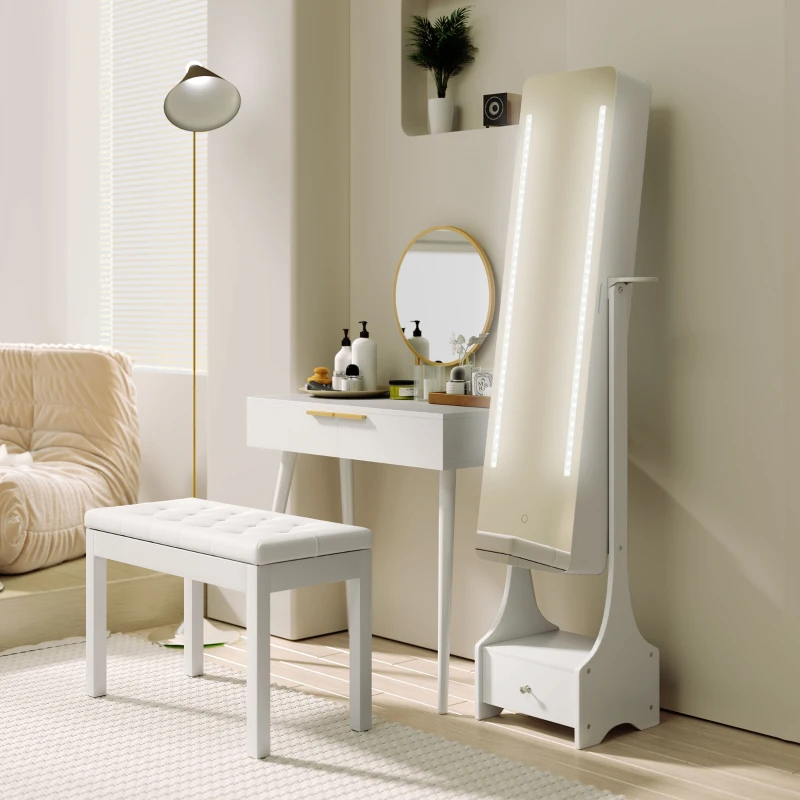 HOMCOM Coiffeuse Design Table de Maquillage avec Miroir rond, 2 tiroirs pour chambre, intérieur, blanc