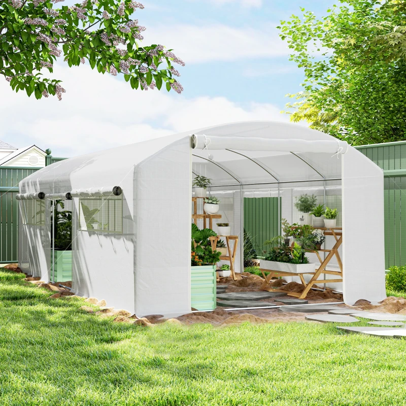 Outsunny Invernadero de Túnel 6x3x2 m con 6 Ventanas de Malla Cubierta de PE Anti-UV y 3 Puertas Enrollables Blanco