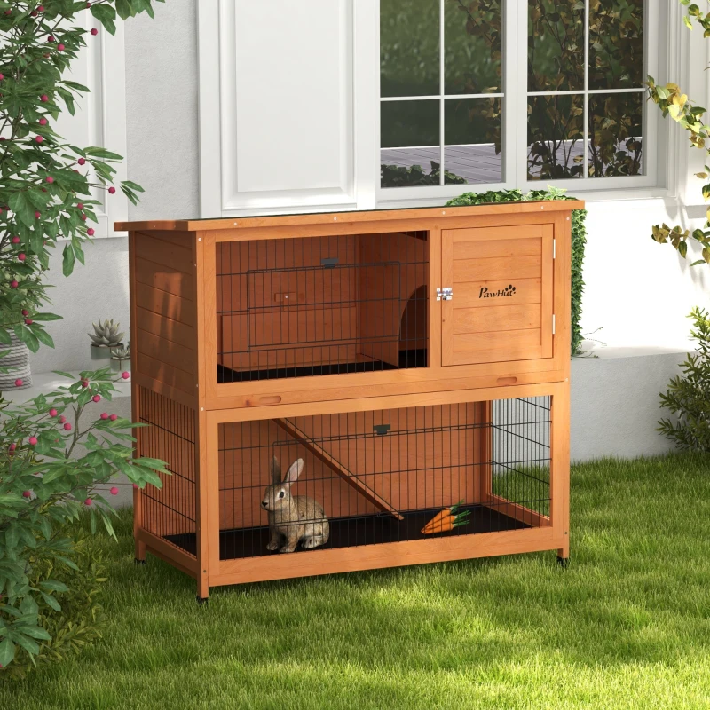 PawHut Cage pour petits animaux, maison pour rongeurs, résistante aux intempéries, 2 bacs inférieurs, 123 x 63 x 112 cm, Orange